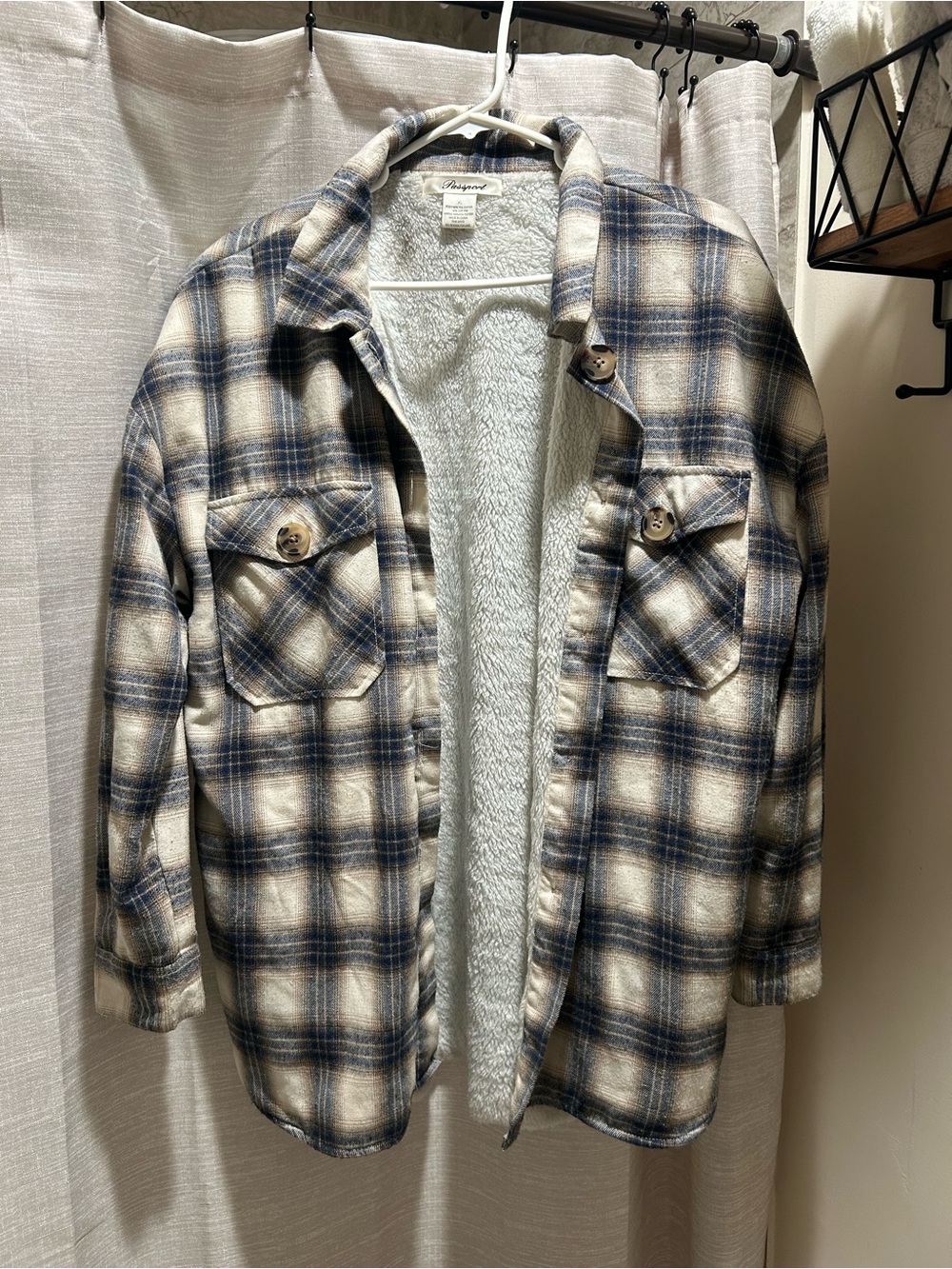 Passport Sherpa-Lined Plaid Jacket in Cream and Blue